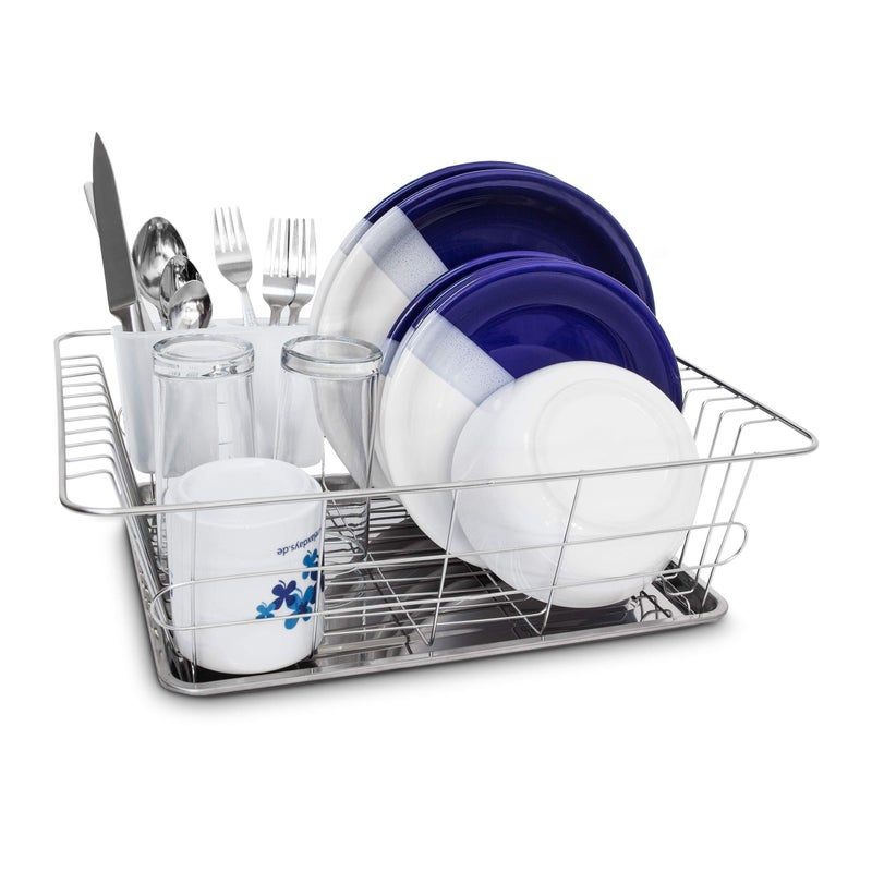 Relaxdays Draining Rack Stainless Steel With Drip Tray  Cutlery Compartment 395 x 303 x 125 cm For Plates Cutlery Glasses Crockery Dish Rack Metallic