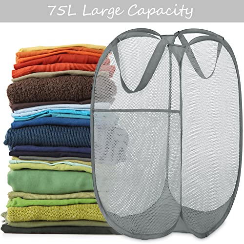 BATTOO Deluxe Strong Mesh Pop up Laundry Hamper Basket with Side Pocket for Laundry Room, Bathroom, Kids Room, College Dorm or Travel Grey - Image 2
