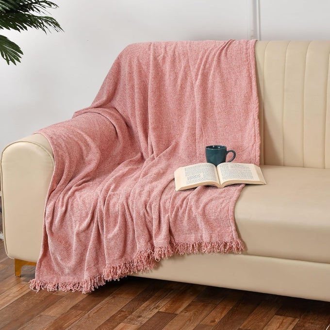SOFT CHENILLE THROW BLANKET THROW FOR LIVING ROOM SOFA BED CHAIR PICNIC USED FOR GIFT ROSE PINK 130 X 180 CM