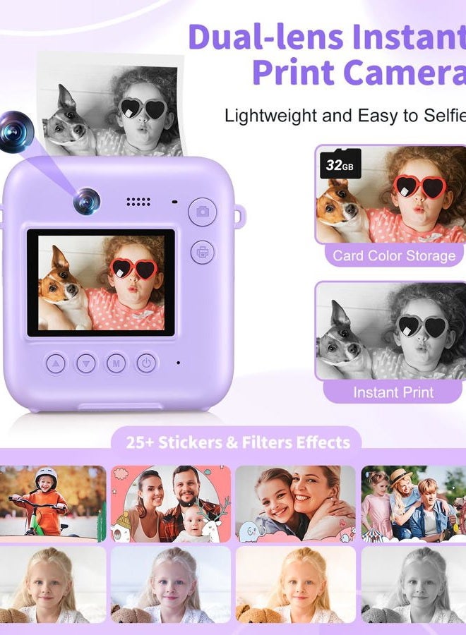 Sevenat Digital Camera for Kids Instant Print, 48MP Dual-Lens Kids Camera for Girls Boys Christmas Birthday Gifts, 1080P Video Selfie Instant Cameras, Portable Toddler for 4-12 Years with 32GB Card-Purple - Image 3