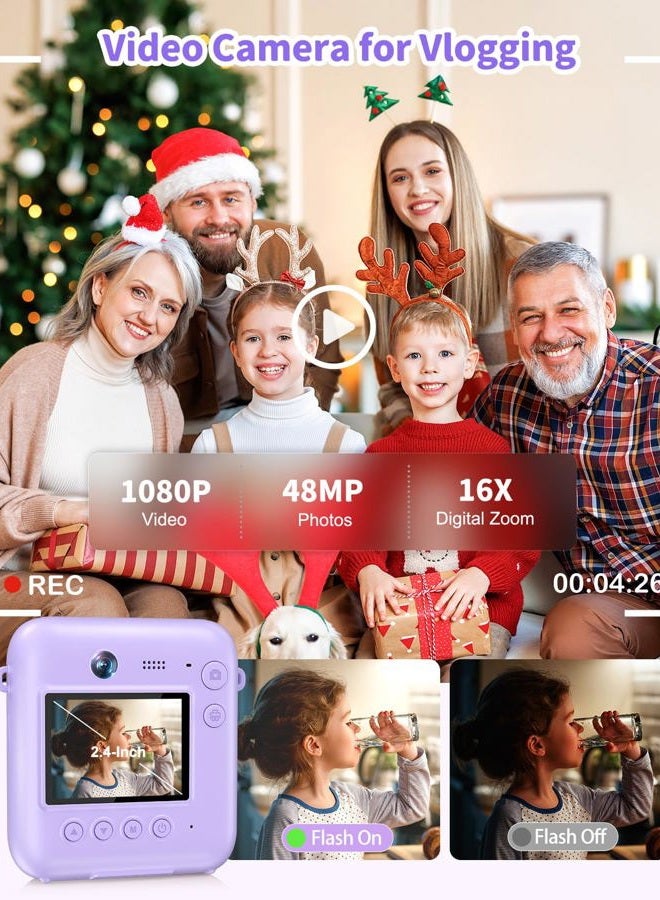Sevenat Digital Camera for Kids Instant Print, 48MP Dual-Lens Kids Camera for Girls Boys Christmas Birthday Gifts, 1080P Video Selfie Instant Cameras, Portable Toddler for 4-12 Years with 32GB Card-Purple - Image 4