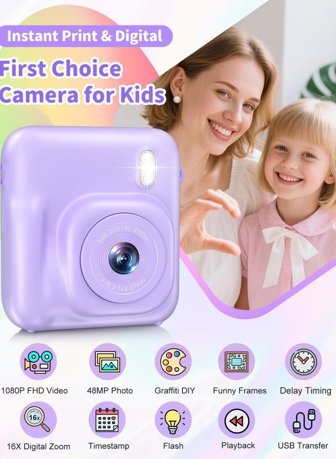 Sevenat Digital Camera for Kids Instant Print, 48MP Dual-Lens Kids Camera for Girls Boys Christmas Birthday Gifts, 1080P Video Selfie Instant Cameras, Portable Toddler for 4-12 Years with 32GB Card-Purple - Image 2
