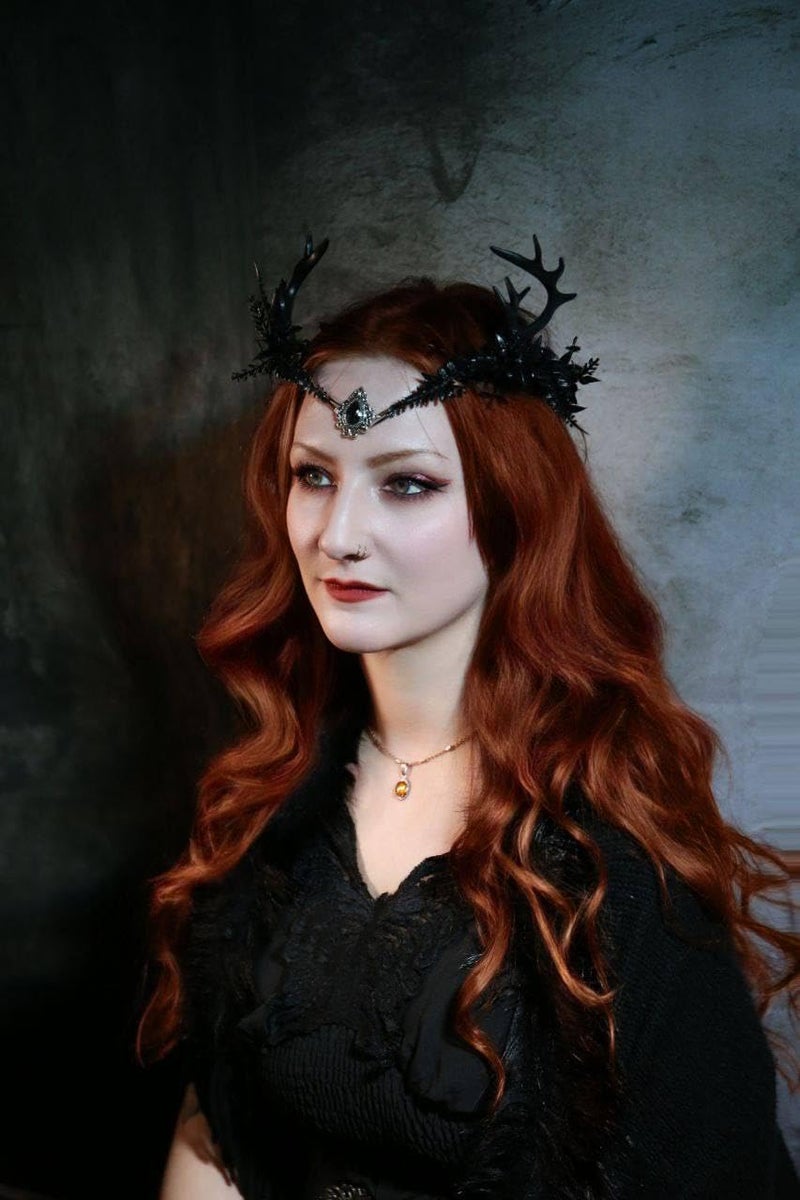 MOSTORY Black Flower Antler Crown - Dark Reindeer Headpiece Gothic Elf Circlet Deer Horns Headband for Women Cosplay Renaissance Goth Wedding Renfaire Accessory - Image 5