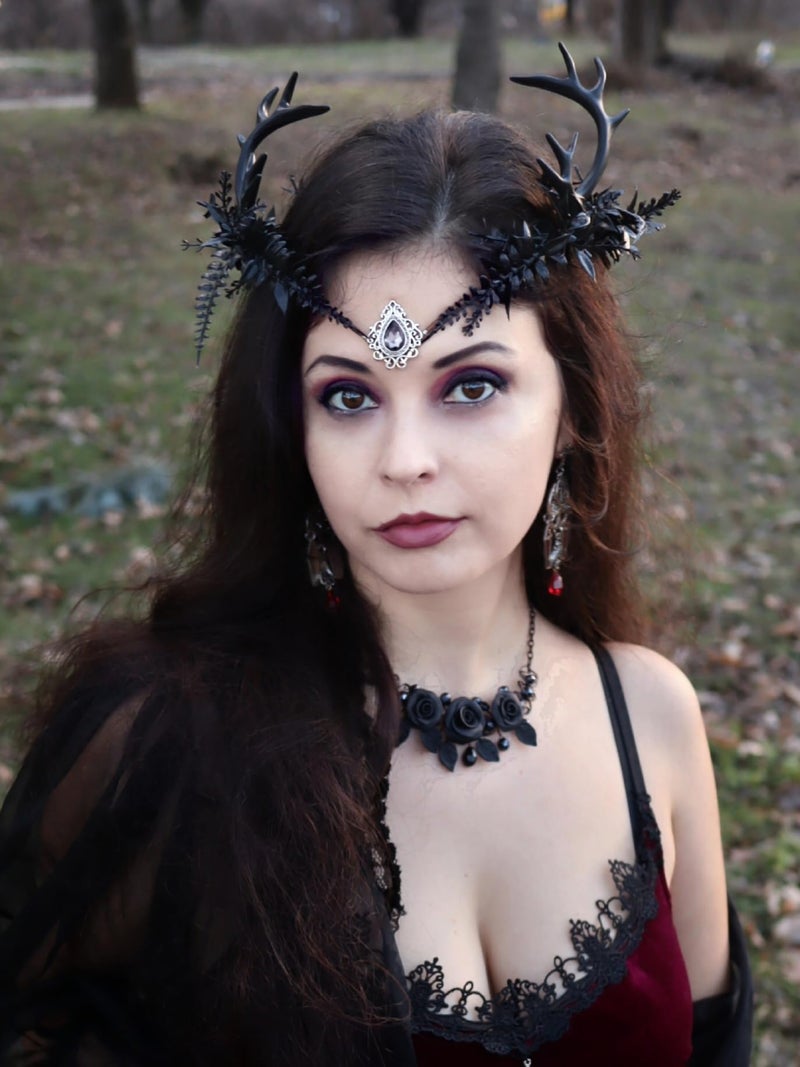 MOSTORY Black Flower Antler Crown - Dark Reindeer Headpiece Gothic Elf Circlet Deer Horns Headband for Women Cosplay Renaissance Goth Wedding Renfaire Accessory - Image 3