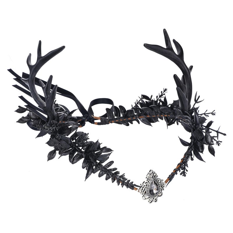 MOSTORY Black Flower Antler Crown - Dark Reindeer Headpiece Gothic Elf Circlet Deer Horns Headband for Women Cosplay Renaissance Goth Wedding Renfaire Accessory - Image 1