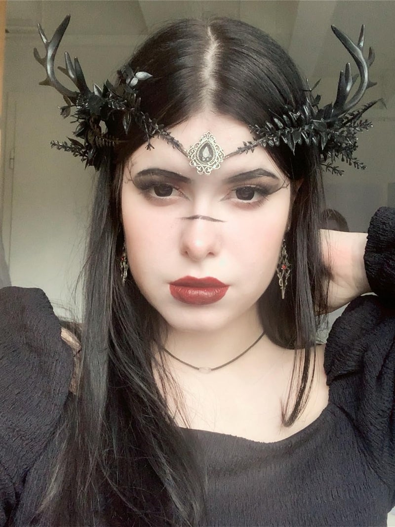 MOSTORY Black Flower Antler Crown - Dark Reindeer Headpiece Gothic Elf Circlet Deer Horns Headband for Women Cosplay Renaissance Goth Wedding Renfaire Accessory - Image 2