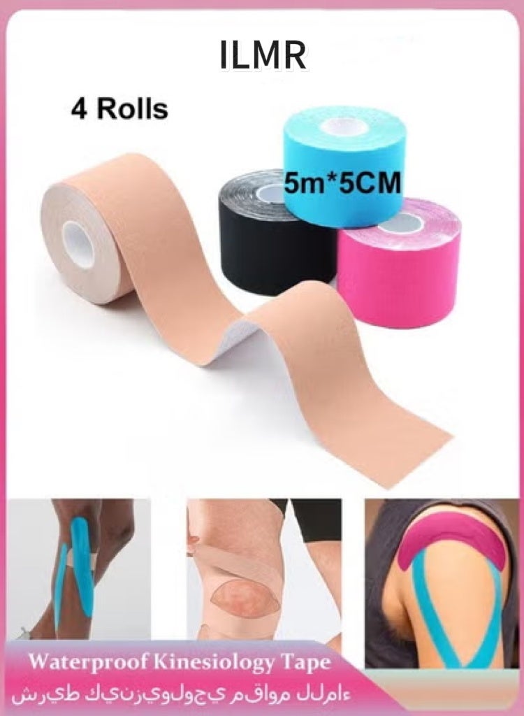 ILMR 4 Rolls Waterproof Breathable Kinesiology Tape, 5cm*5m, Athletic Elastic Kneepad Muscle Pain Relief ,Knee Taping, Sports Tape, Knee Tape,Muscle Tape Suitable for Elbow Waist Knee Shoulder,Black, Gray, Pink, Blue - Image 1