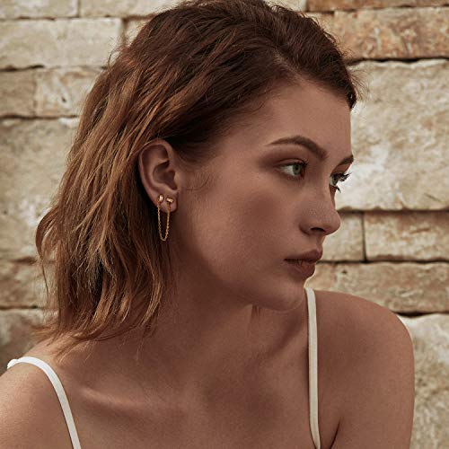 LOYATA Double Stud Earrings Gold Bar Diamond Cubic Zirconia Dainty Chain Dangle Drop 14K Gold Plated Small Simple Hypoallergenic Jewelry Gift for Women - Image 2