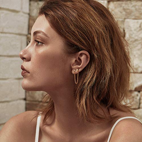 LOYATA Double Stud Earrings Gold Bar Diamond Cubic Zirconia Dainty Chain Dangle Drop 14K Gold Plated Small Simple Hypoallergenic Jewelry Gift for Women - Image 3