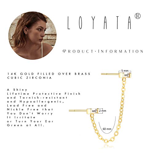 LOYATA Double Stud Earrings Gold Bar Diamond Cubic Zirconia Dainty Chain Dangle Drop 14K Gold Plated Small Simple Hypoallergenic Jewelry Gift for Women - Image 5