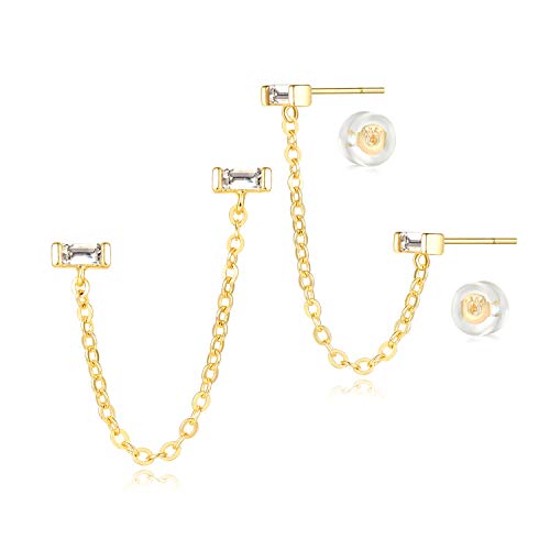 LOYATA Double Stud Earrings Gold Bar Diamond Cubic Zirconia Dainty Chain Dangle Drop 14K Gold Plated Small Simple Hypoallergenic Jewelry Gift for Women - Image 1