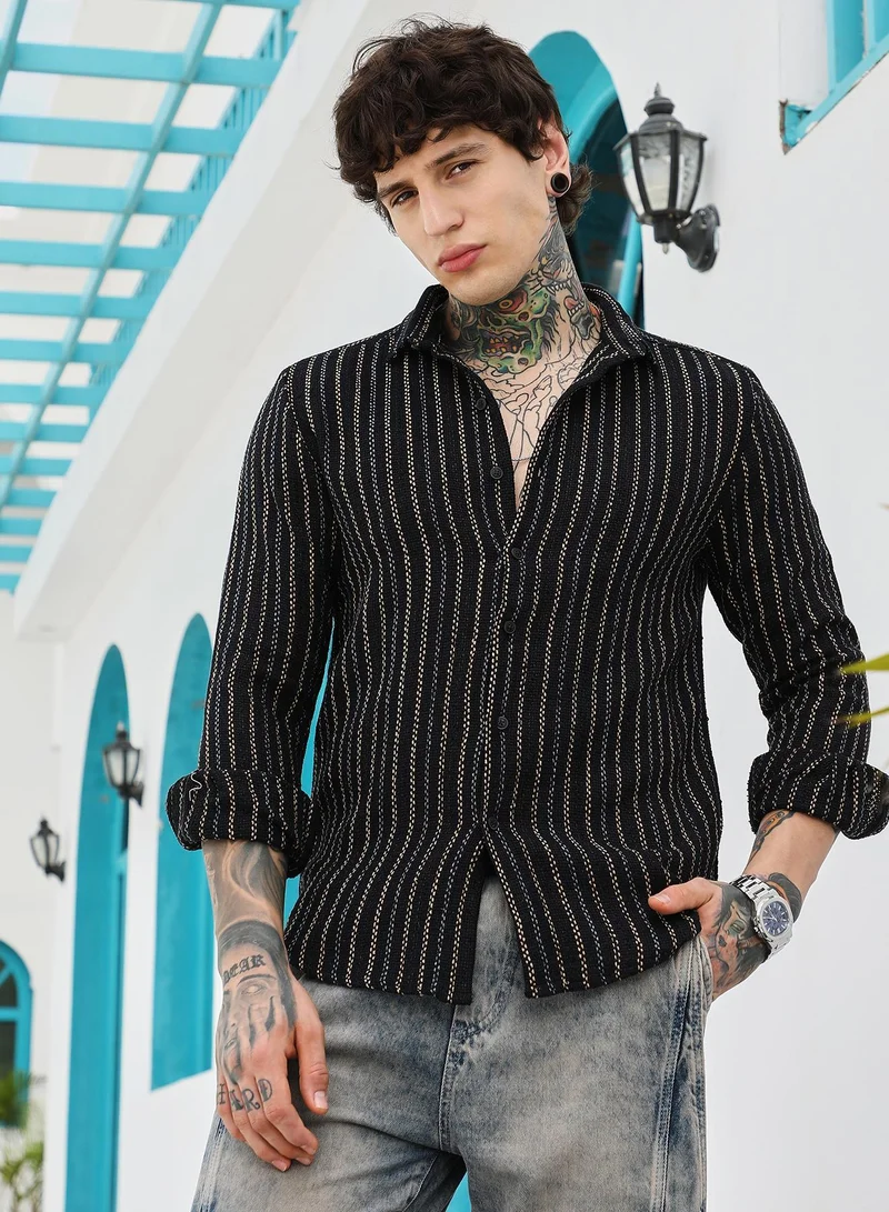 Campus Sutra Campus Sutra Men's Onyx Black Duo-Jacquard Striped Shirt | Spread Collar , Long Cuffed Sleeves , Button Closure , Curved Hem | Stripes Jacquard | Cotton Shirt For Casual Wear