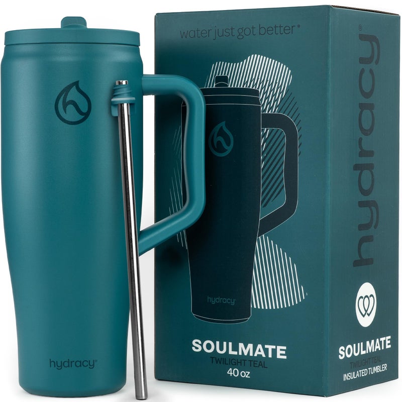 Hydracy Soulmate Insulated Tumblers with Handle and Stainless Steel Straw - 100% Leakproof Reusable Insulated Cup - Cupholder Friendly Rubber Base Travel Mug - Twilight Teal - Image 1