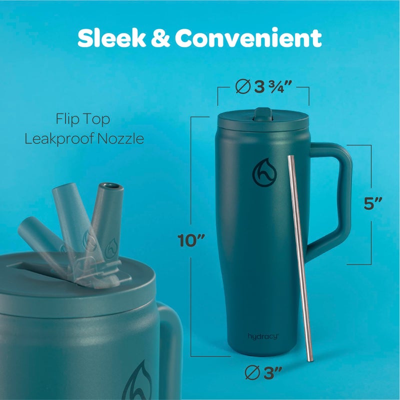Hydracy Soulmate Insulated Tumblers with Handle and Stainless Steel Straw - 100% Leakproof Reusable Insulated Cup - Cupholder Friendly Rubber Base Travel Mug - Twilight Teal - Image 3