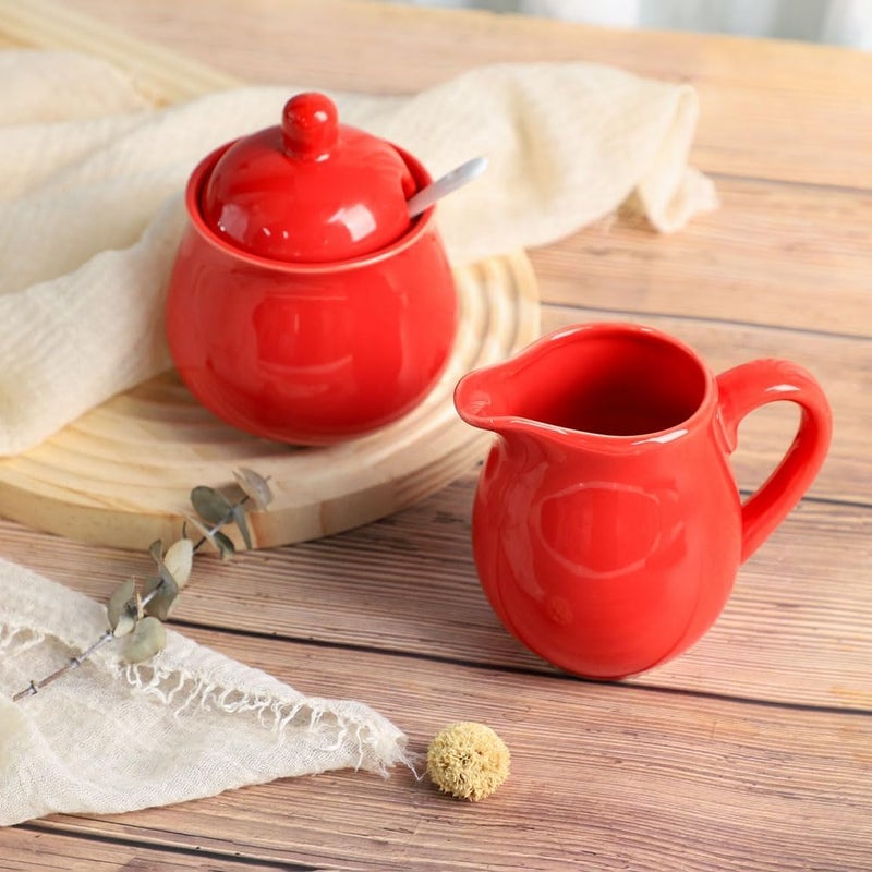 FUYU Ceramic Colorful Creamer and Sugar Set with Lid Spoon, Coffee Serving Set - Image 3