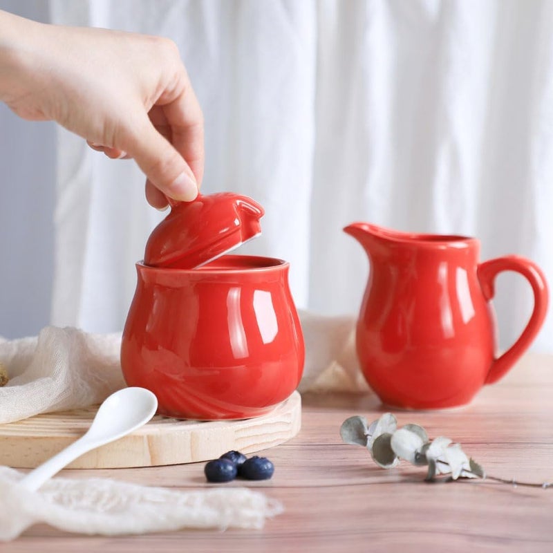 FUYU Ceramic Colorful Creamer and Sugar Set with Lid Spoon, Coffee Serving Set - Image 4