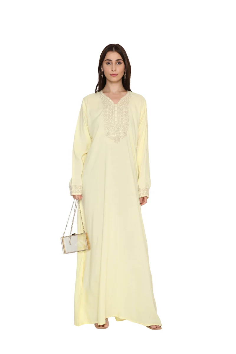 HANA & SARA Classic Yellow Arabic Jalabiya with Intricate Gold Embellishment