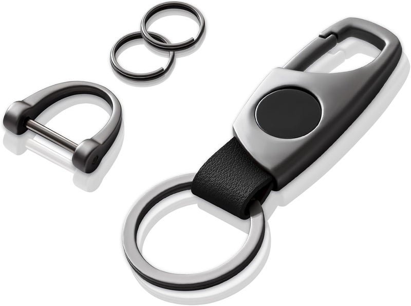 KASTWAVE Multifunctional Keychain with 2 Key Rings and Anti-Lost D-Ring, Zinc Alloy Car Key Holder with Quick Release, Grey Black Leather - Image 1