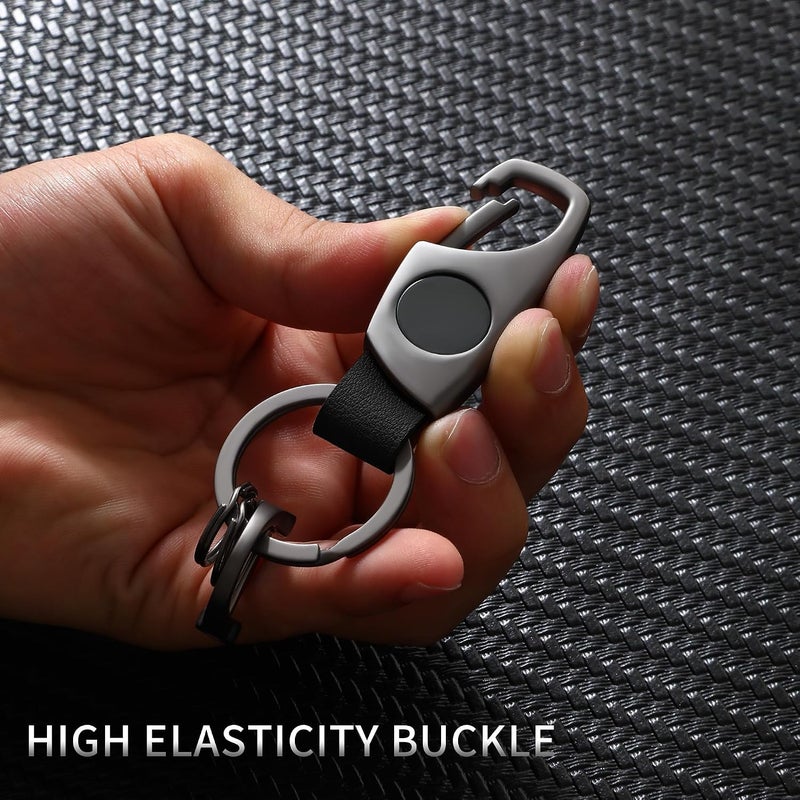 KASTWAVE Multifunctional Keychain with 2 Key Rings and Anti-Lost D-Ring, Zinc Alloy Car Key Holder with Quick Release, Grey Black Leather - Image 3
