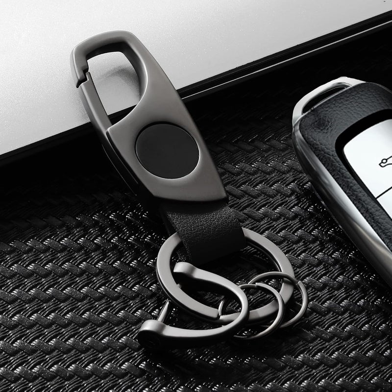 KASTWAVE Multifunctional Keychain with 2 Key Rings and Anti-Lost D-Ring, Zinc Alloy Car Key Holder with Quick Release, Grey Black Leather - Image 5