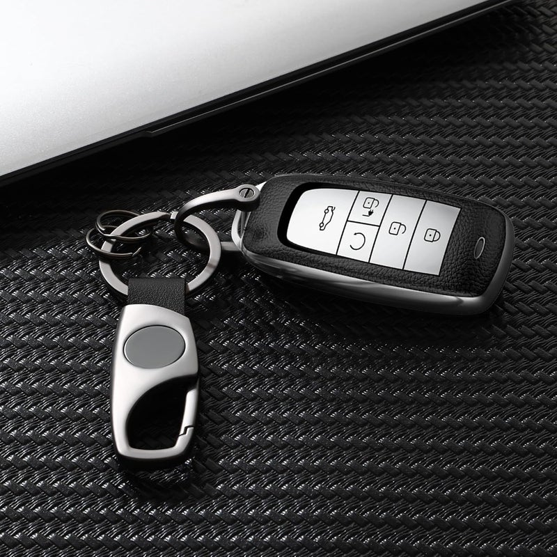 KASTWAVE Multifunctional Keychain with 2 Key Rings and Anti-Lost D-Ring, Zinc Alloy Car Key Holder with Quick Release, Grey Black Leather - Image 2