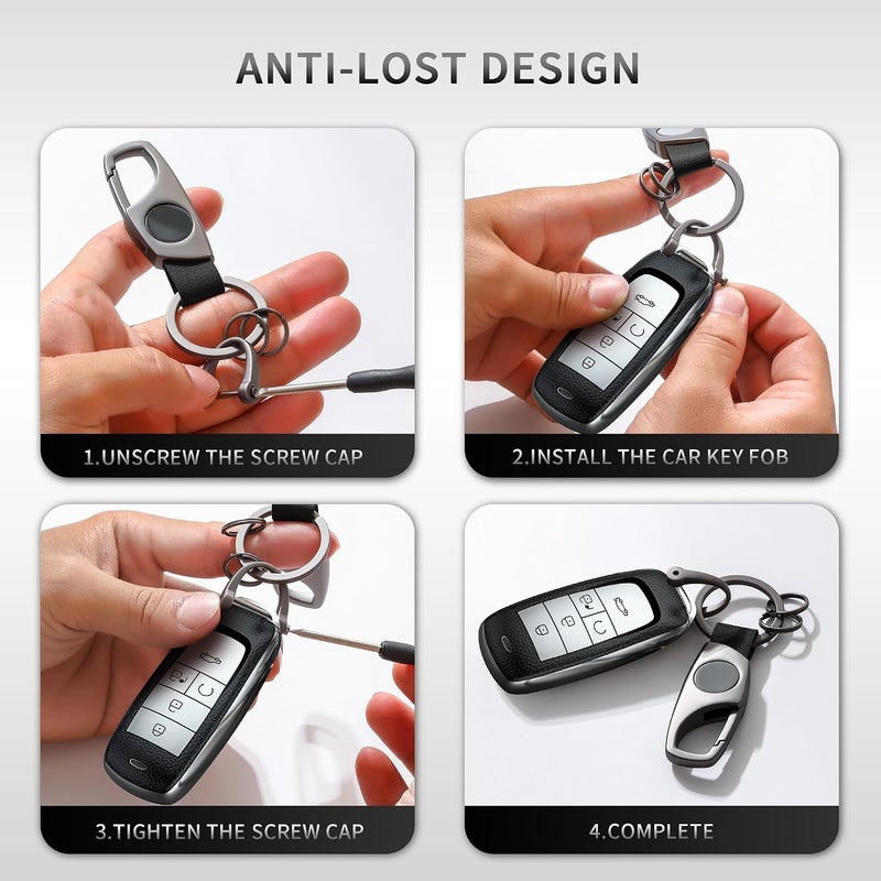 KASTWAVE Multifunctional Keychain with 2 Key Rings and Anti-Lost D-Ring, Zinc Alloy Car Key Holder with Quick Release, Grey Black Leather - Image 4