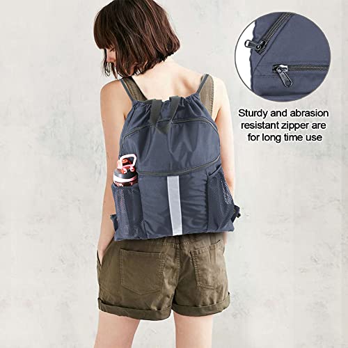 BeeGreen حقيبة ظهر بيغرين زرقاء داكنة بسحب الحبل مع قسم للأحذية وحقيبة رياضية متينة مع جيوب بسحاب وحامل زجاجة ماء شبكي للسباحة والجمباز - Image 5