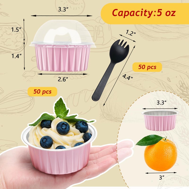 Free Air Jumbo Muffin Liners with Lids 50 Pack,Free-Air 5oz Aluminum Foil Cupcake Cups Muffin Tins,Disposable Ramekins Cupcake Baking Pans Cupcake Holders for Custard Mini Pie -Pink - Image 3