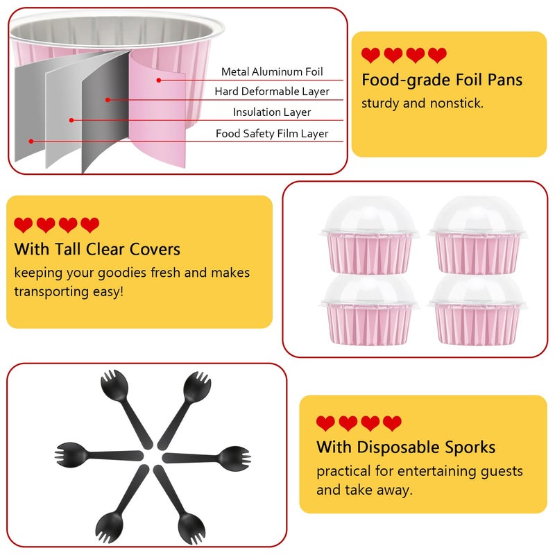 Free Air Jumbo Muffin Liners with Lids 50 Pack,Free-Air 5oz Aluminum Foil Cupcake Cups Muffin Tins,Disposable Ramekins Cupcake Baking Pans Cupcake Holders for Custard Mini Pie -Pink - Image 4