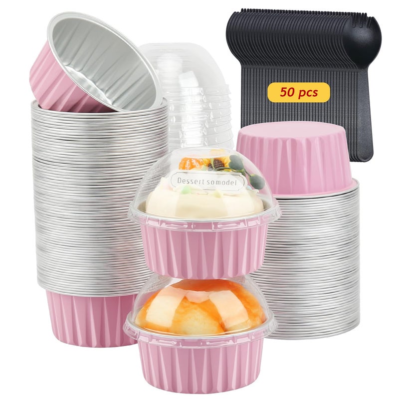 Free Air Jumbo Muffin Liners with Lids 50 Pack,Free-Air 5oz Aluminum Foil Cupcake Cups Muffin Tins,Disposable Ramekins Cupcake Baking Pans Cupcake Holders for Custard Mini Pie -Pink - Image 1