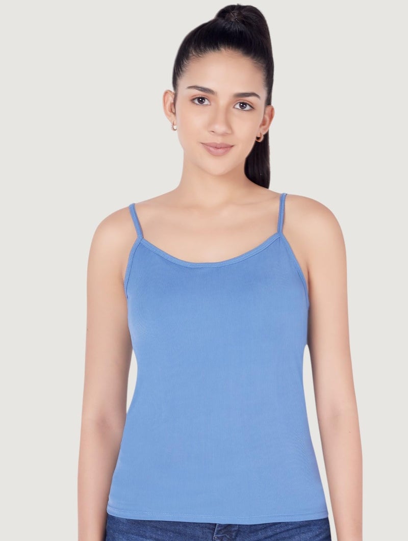 PLUMBURY Women Polyester Basic Camisole Adjustable Strap Tank Top with Built-in Shelf Bra & Moulded Cups | Relaxed Fit | Blue Size S - Image 2