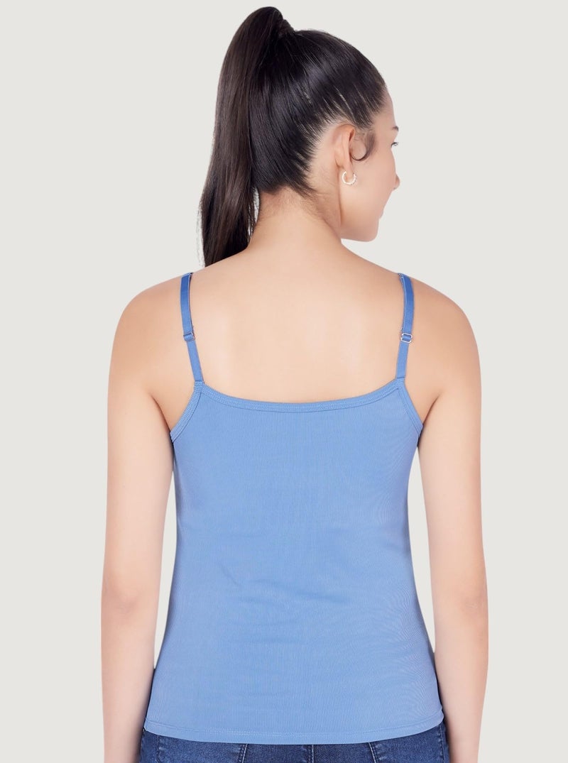PLUMBURY Women Polyester Basic Camisole Adjustable Strap Tank Top with Built-in Shelf Bra & Moulded Cups | Relaxed Fit | Blue Size S - Image 3