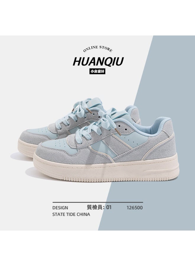 HUANQIU Women's Niche Design Sneakers, Light Blue Gray Color Block, Suede Casual Shoes, Fashion Versatile Platform Shoes - Image 3
