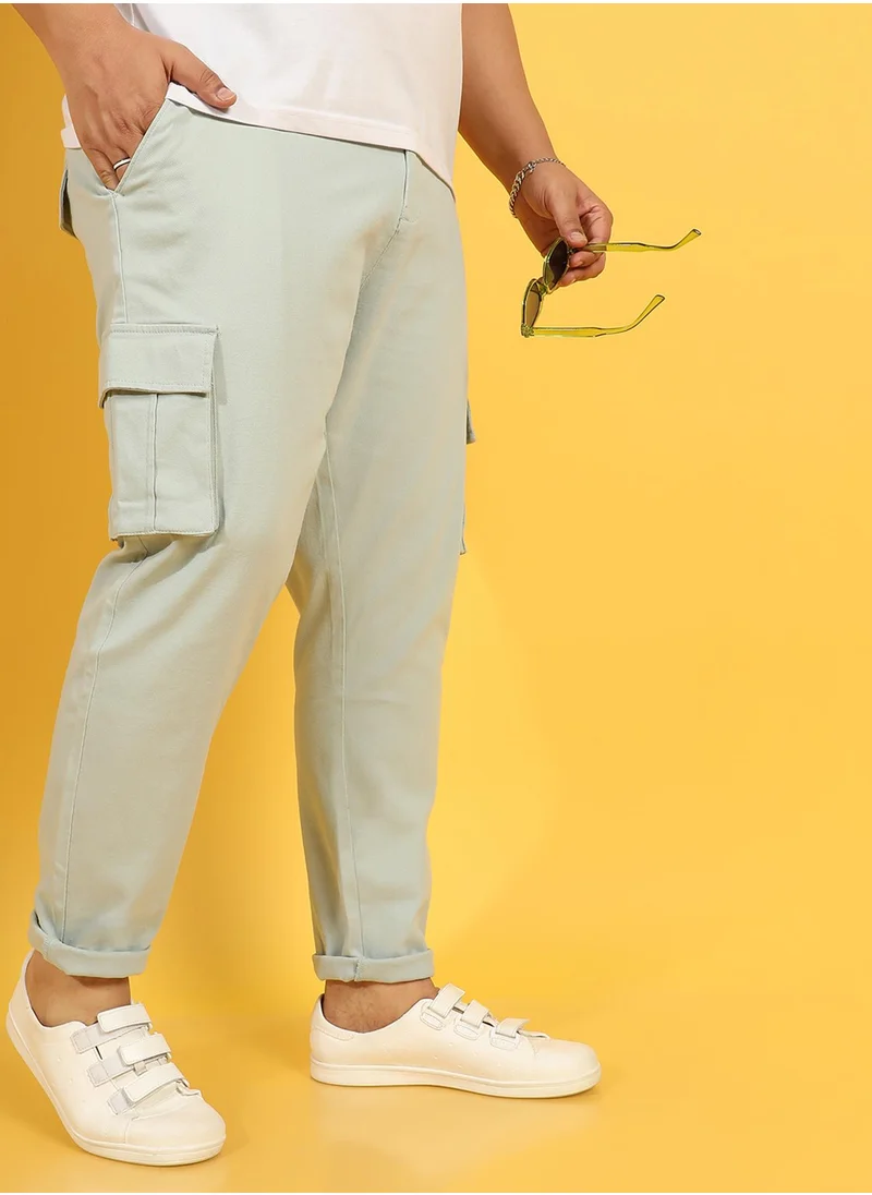 Instafab Plus Instafab Plus Men's Sage Green Cargo Trousers For Casual Wear | 6 Pockets | Plus-Size Fit | Button Closure | Cotton Poly Cargo Pant Crafted With Comfort Fit For Everyday Wear