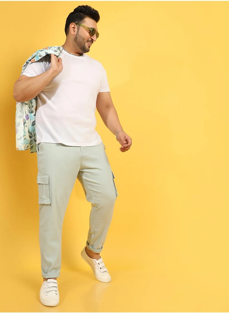 Instafab Plus Instafab Plus Men's Sage Green Cargo Trousers For Casual Wear | 6 Pockets | Plus-Size Fit | Button Closure | Cotton Poly Cargo Pant Crafted With Comfort Fit For Everyday Wear