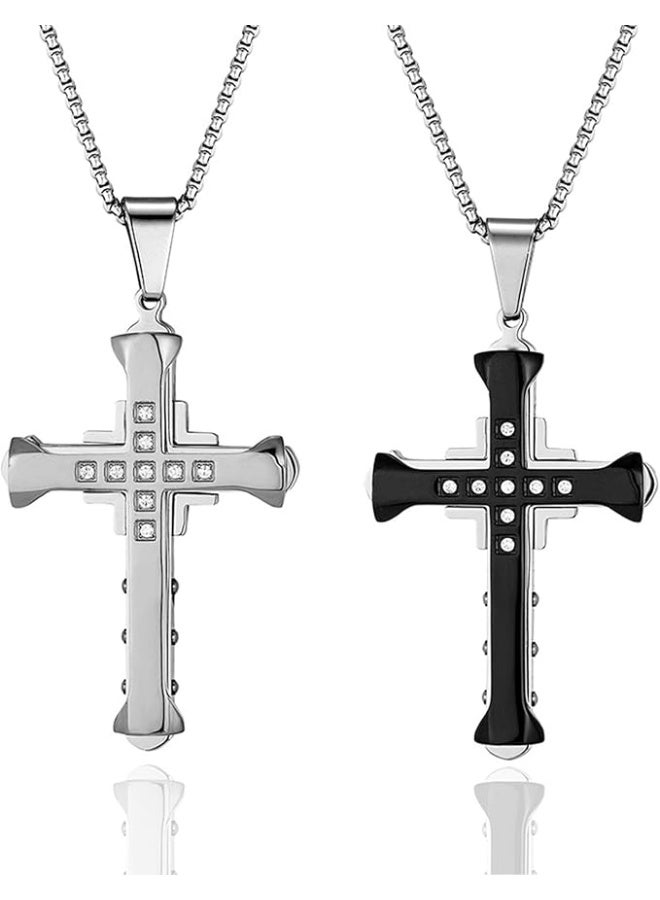 2Pcs Stainless Steel Pendant Cross Necklace for Men，with Silver and Black. - Image 1