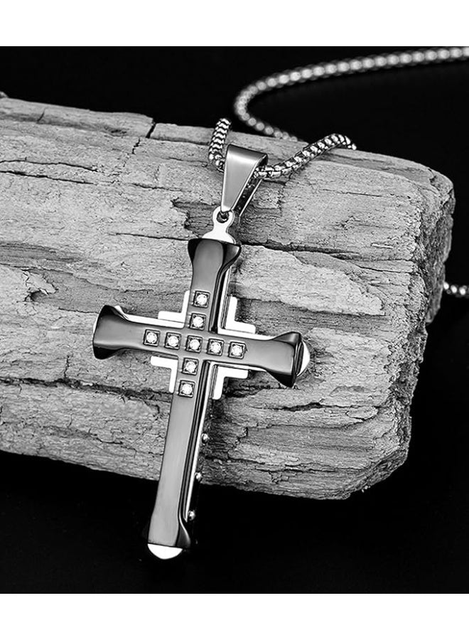 2Pcs Stainless Steel Pendant Cross Necklace for Men，with Silver and Black. - Image 5