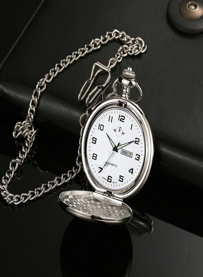 BOSHIYA Smooth Quartz Pocket Watches Classic Arabic Digital Luminous Dial & Day Date Pocket Watch with Chain Christmas Graduation Birthday Gifts - Image 3