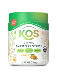 KOS Organic Superfood Greens Powder - Gut Health from Prebiotic Fiber, Supergreens and Adaptogens - USDA Certified Organic, Made in a GMP Certified Facility - 28 Servings Mango