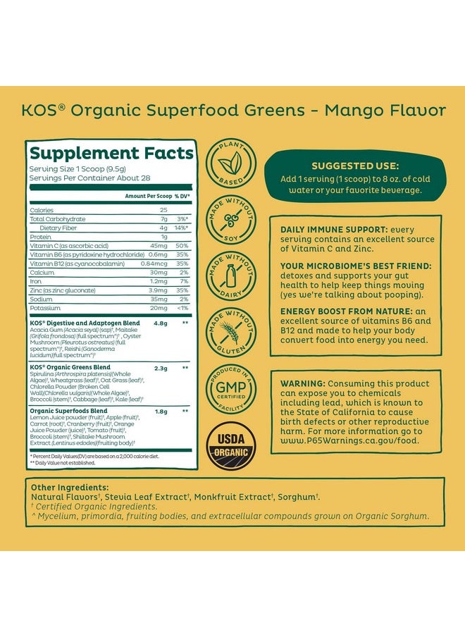 KOS - KOS Organic Superfood Greens Powder - Gut Health from Prebiotic Fiber, Supergreens and Adaptogens - USDA Certified Organic, Made in a GMP Certified Facility - 28 Servings Mango - Image 1