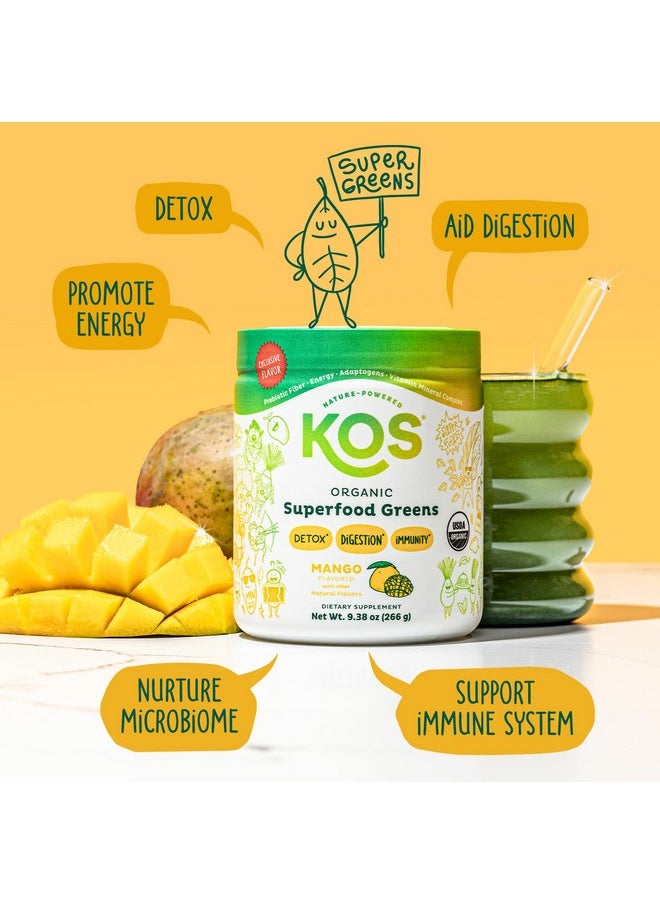 KOS - KOS Organic Superfood Greens Powder - Gut Health from Prebiotic Fiber, Supergreens and Adaptogens - USDA Certified Organic, Made in a GMP Certified Facility - 28 Servings Mango - Image 1