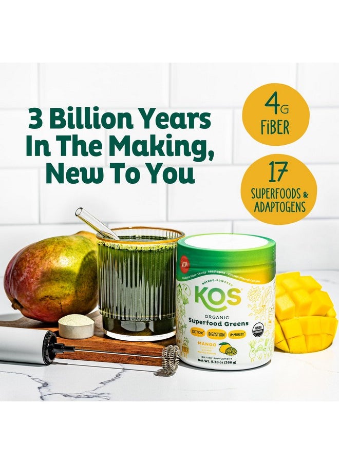 KOS - KOS Organic Superfood Greens Powder - Gut Health from Prebiotic Fiber, Supergreens and Adaptogens - USDA Certified Organic, Made in a GMP Certified Facility - 28 Servings Mango - Image 1