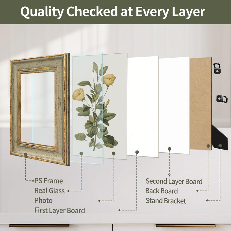 Sapowerntus Vintage 4x6 Picture Frame Gold Line Sage Green Distressed Photo Frames Set Antique Real Glass Wall Hanging Tabletop Display Home Decor Retro Shabby Chic Unique Gift - Image 3