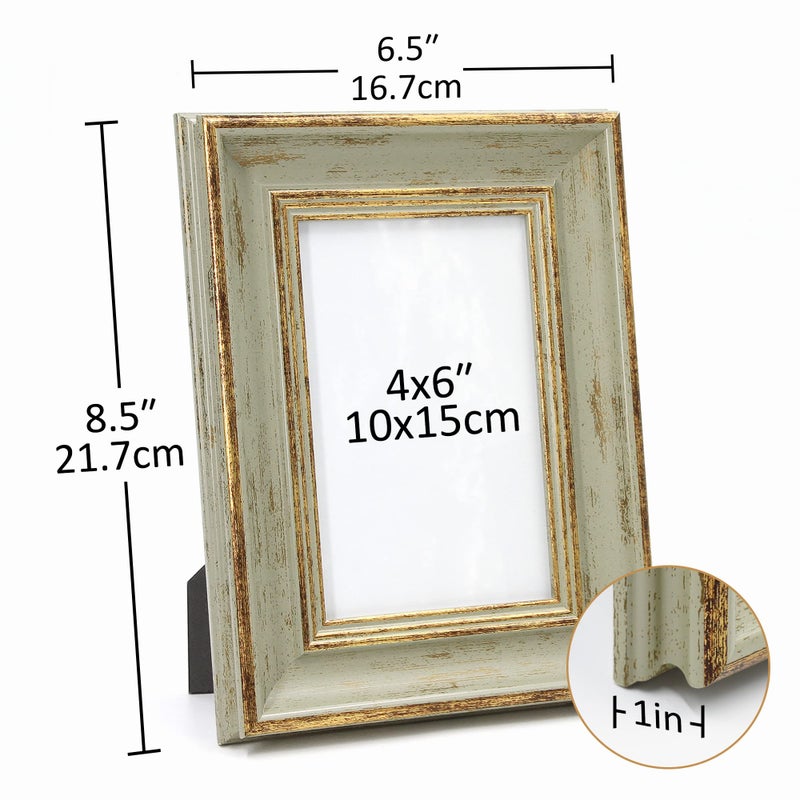 Sapowerntus Vintage 4x6 Picture Frame Gold Line Sage Green Distressed Photo Frames Set Antique Real Glass Wall Hanging Tabletop Display Home Decor Retro Shabby Chic Unique Gift - Image 2