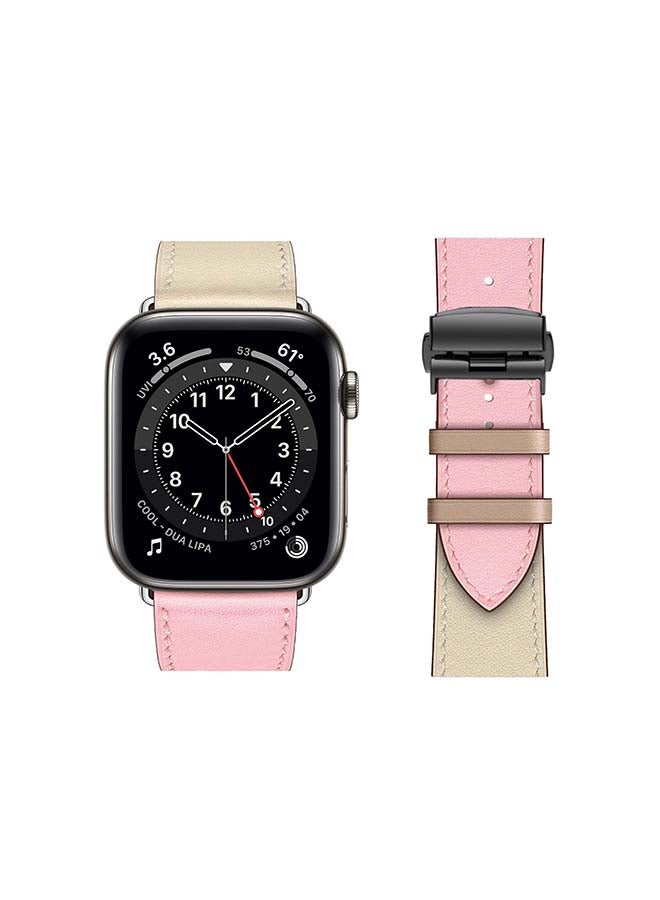 Perfii Genuine Leather Replacement Band with Black Buckle for Apple Watch Series 6/SE/5/4/3/2/1 44/42mm Pink/Beige - Image 2