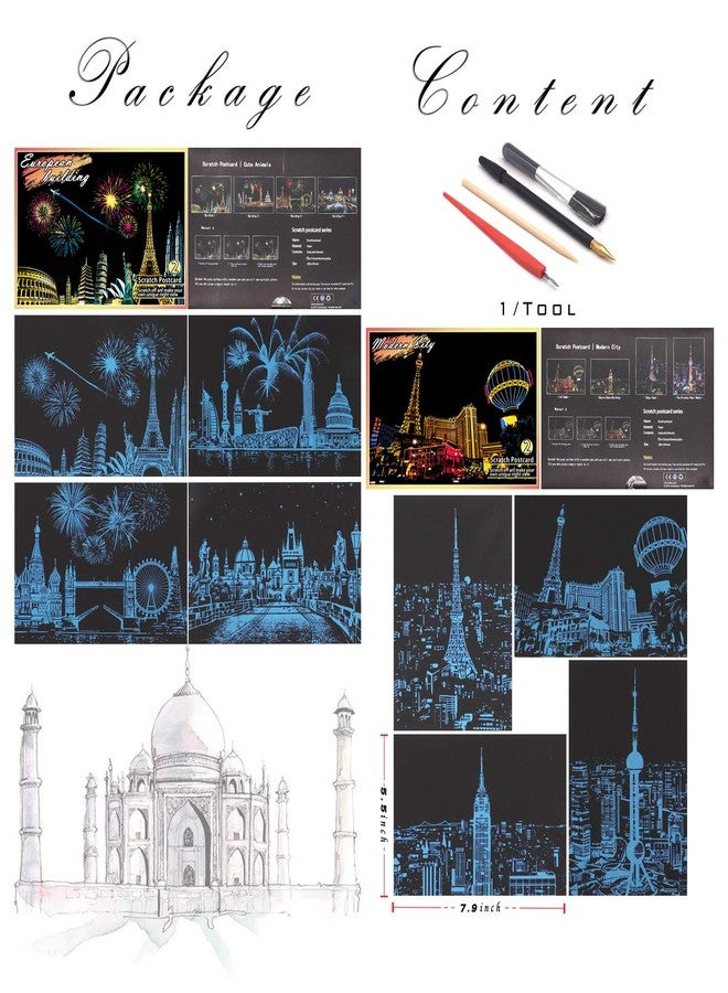 BOTEEN بطاقات بريدية للرسم بالخدش بألوان قوس قزح من بوتين، هدية إبداعية للرسم بالخدش والجرافيتي للأطفال والكبار، بطاقات بريدية صغيرة الحجم مع 4 أدوات، الحجم: 7.9 بوصة × 5.5 بوصة (مدينة عصرية) - Image 2