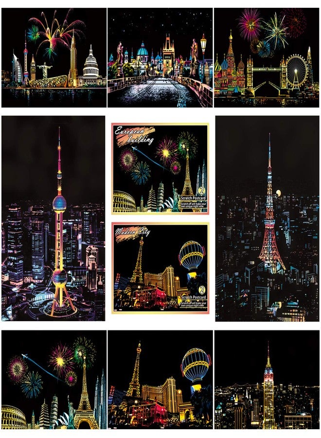 BOTEEN بطاقات بريدية للرسم بالخدش بألوان قوس قزح من بوتين، هدية إبداعية للرسم بالخدش والجرافيتي للأطفال والكبار، بطاقات بريدية صغيرة الحجم مع 4 أدوات، الحجم: 7.9 بوصة × 5.5 بوصة (مدينة عصرية) - Image 1