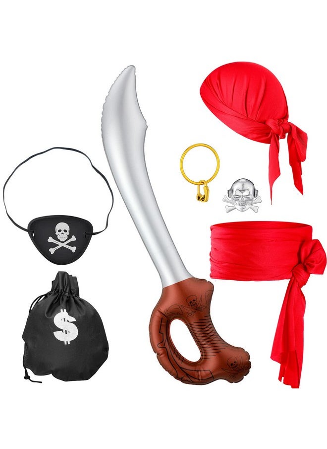 Vicenpal - 7 Pcs Pirate Costume Accessories For Kids Pirate Eye Patch Head Bandana Red Pirate Sash Inflatable Sword Pirate Earring Skull Ring Coin Bag Halloween Dress Up Set For Role Play Party - Image 1