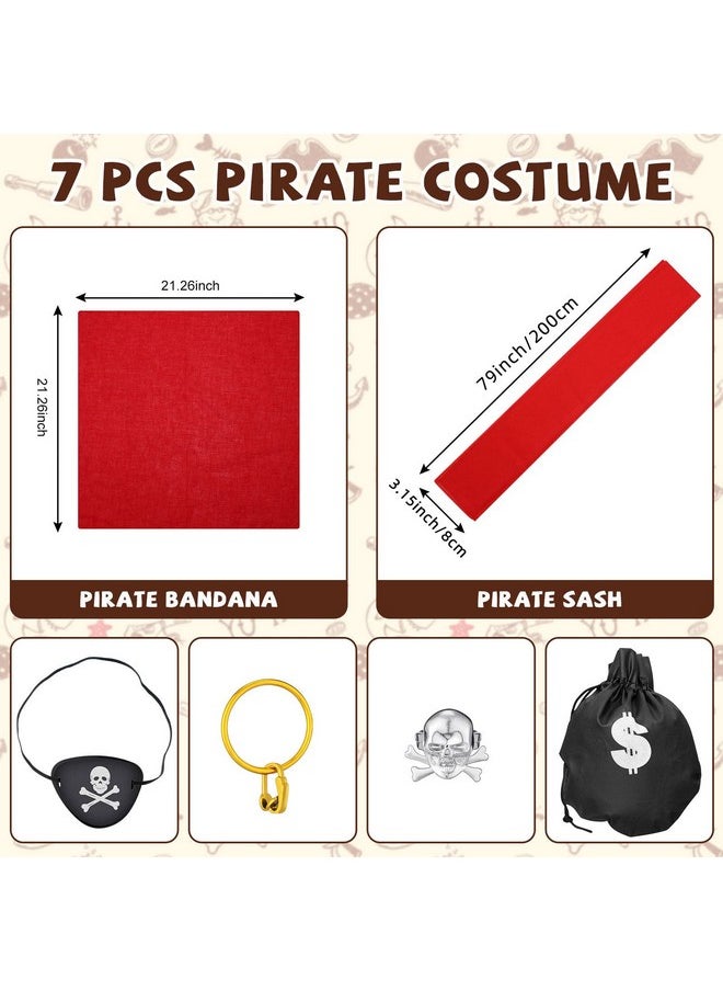 Vicenpal - 7 Pcs Pirate Costume Accessories For Kids Pirate Eye Patch Head Bandana Red Pirate Sash Inflatable Sword Pirate Earring Skull Ring Coin Bag Halloween Dress Up Set For Role Play Party - Image 1