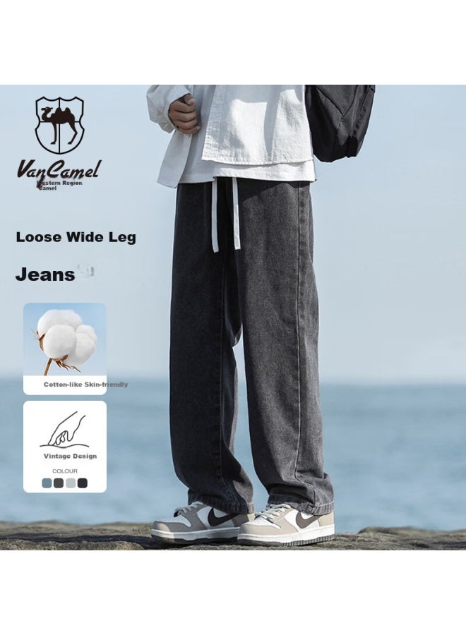 Vancamel Men's Loose Straight-leg Casual Jeans, Korean Style, Draping Wide-leg Cropped Pants, Men's Denim Trousers, Dark Gray, M - Image 1